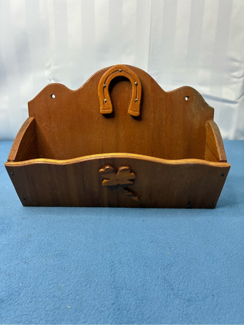 Rustic Brown Wooden Wall Mail Organizer with Horseshoe Accent